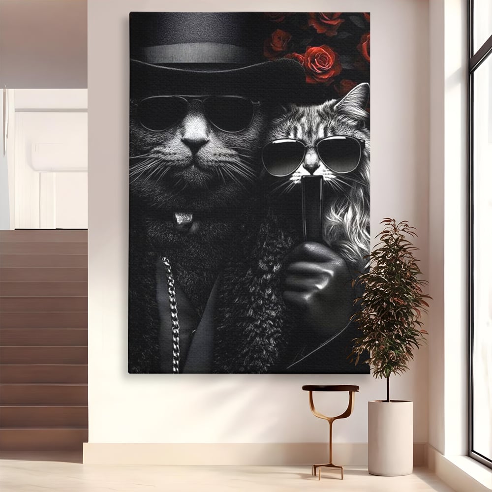 Tablou canvas cu tablou canvas cu pisici gangster in ochelari, fara rama, pe sasiu de lemn